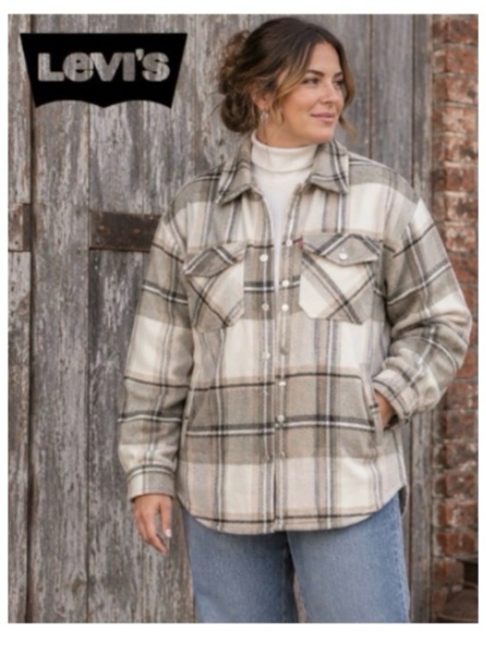 3X Levi’s Button-Up Plaid Quilted Shacket in Neutral Tones